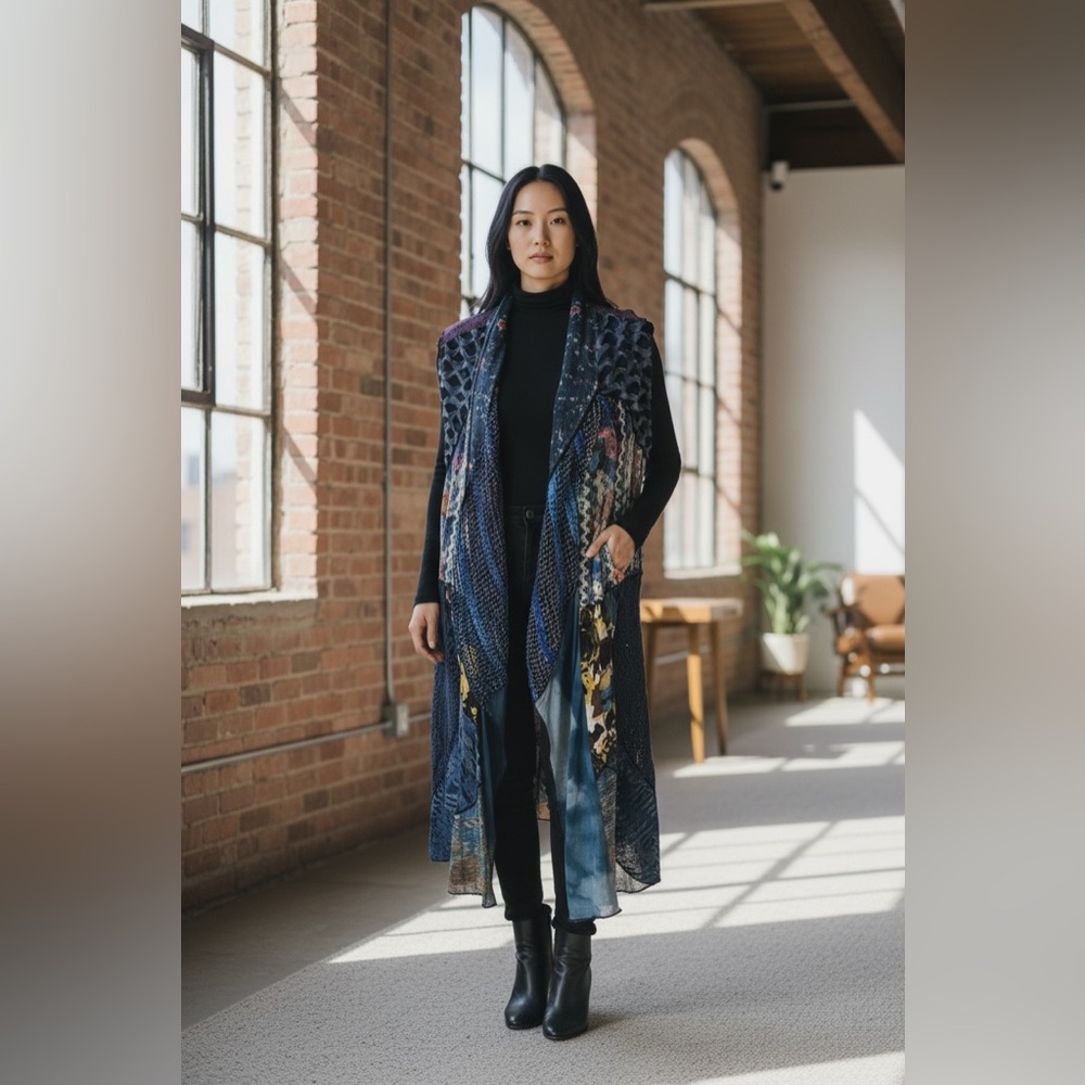 Soft Surroundings Stylish Blue Patterned Long Vest - image 1